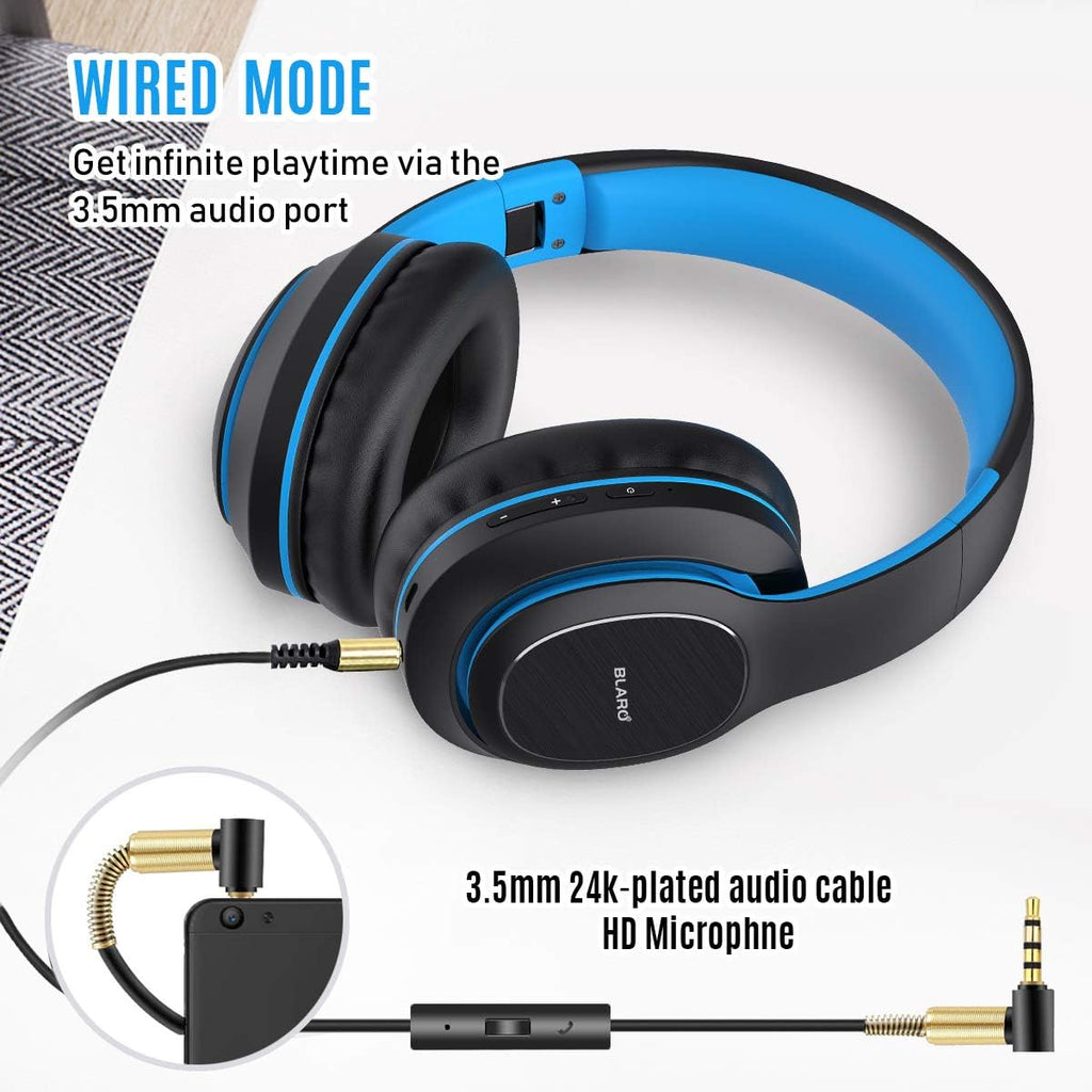 Bluetooth Over-Ear Headphones with Hi-Fi Deep Bass, Dual Connectivity, 72-Hour Playtime, Soft Memory Foam Ear Cushions, Foldable Design, CVC 6.0 Microphone - Blue