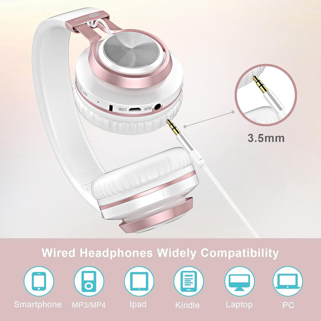Wireless over Ear Headphones, Long Battery Life Deep Bass Bluetooth Headphones with Microphone Wireless and Wired Headset for Computer Iphone Teens Girls Women School Travel - White Rose Gold