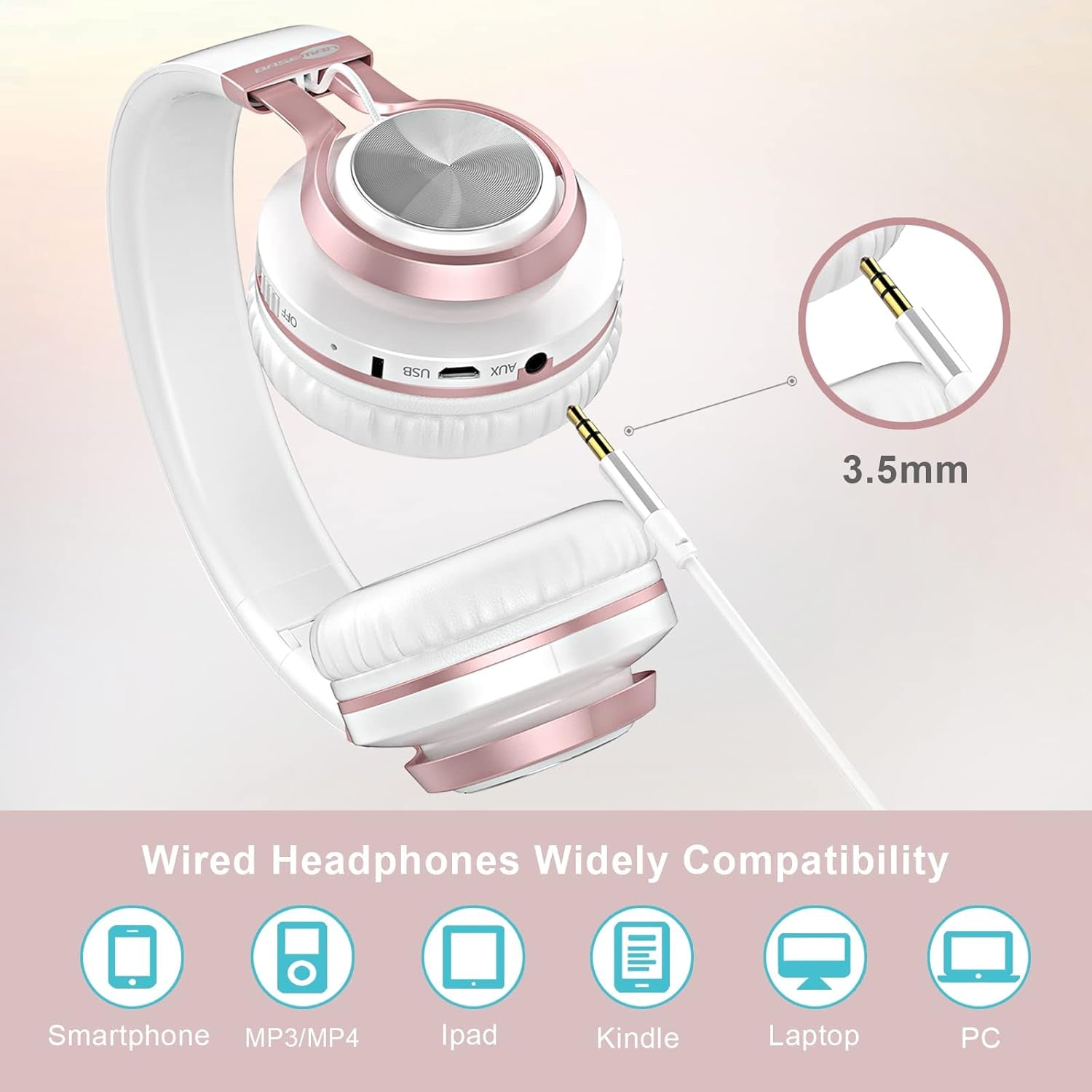 Wireless over Ear Headphones, Long Battery Life Deep Bass Bluetooth Headphones with Microphone Wireless and Wired Headset for Computer Iphone Teens Girls Women School Travel - White Rose Gold