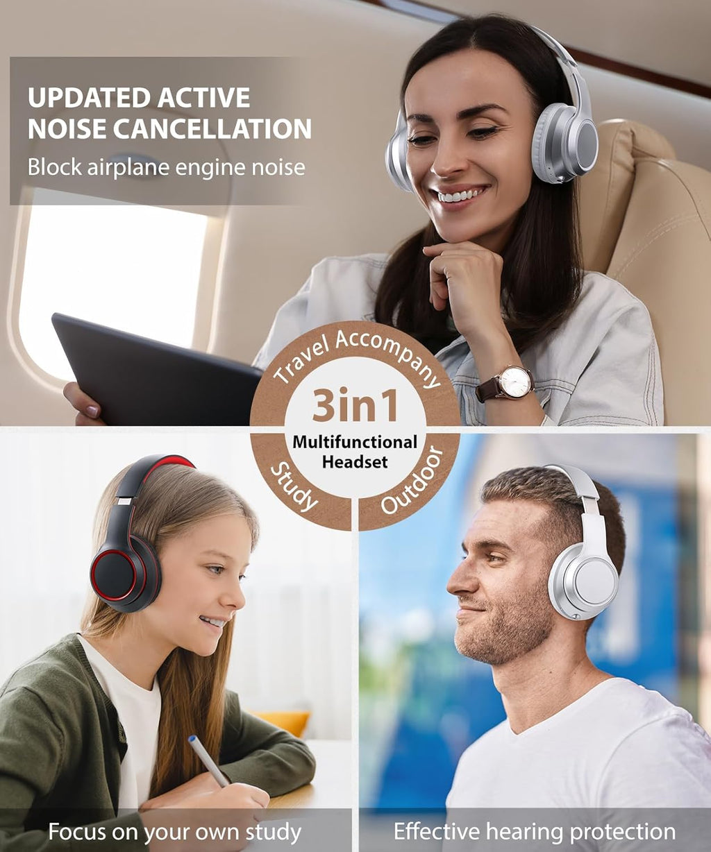 E8 over the Ear Bluetooth Headphones with Microphone for Kid Children Boy Girl Youth Teen Adult, Foldable Wired/Wireless Headphones with Mic, Include Travel Case, Silver