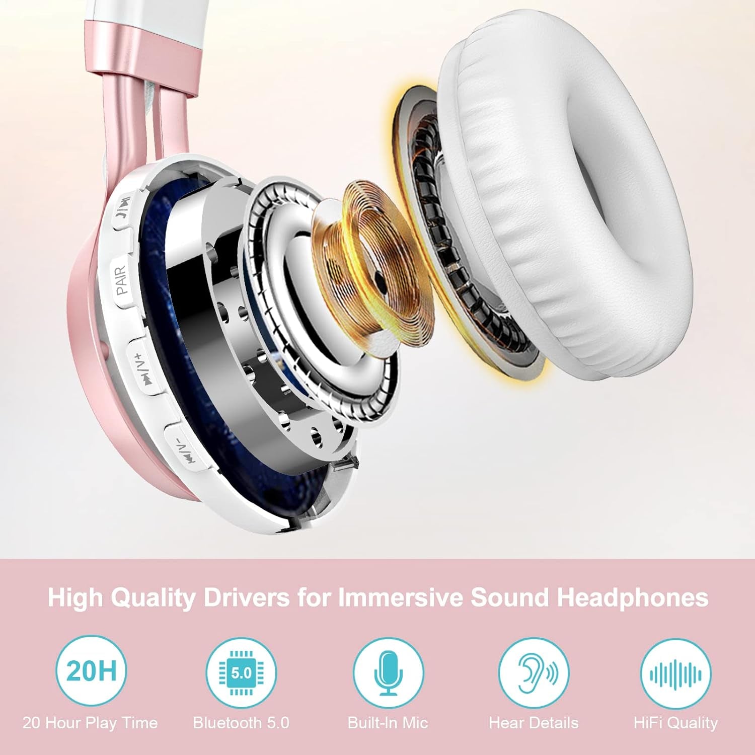 Wireless over Ear Headphones, Long Battery Life Deep Bass Bluetooth Headphones with Microphone Wireless and Wired Headset for Computer Iphone Teens Girls Women School Travel - White Rose Gold