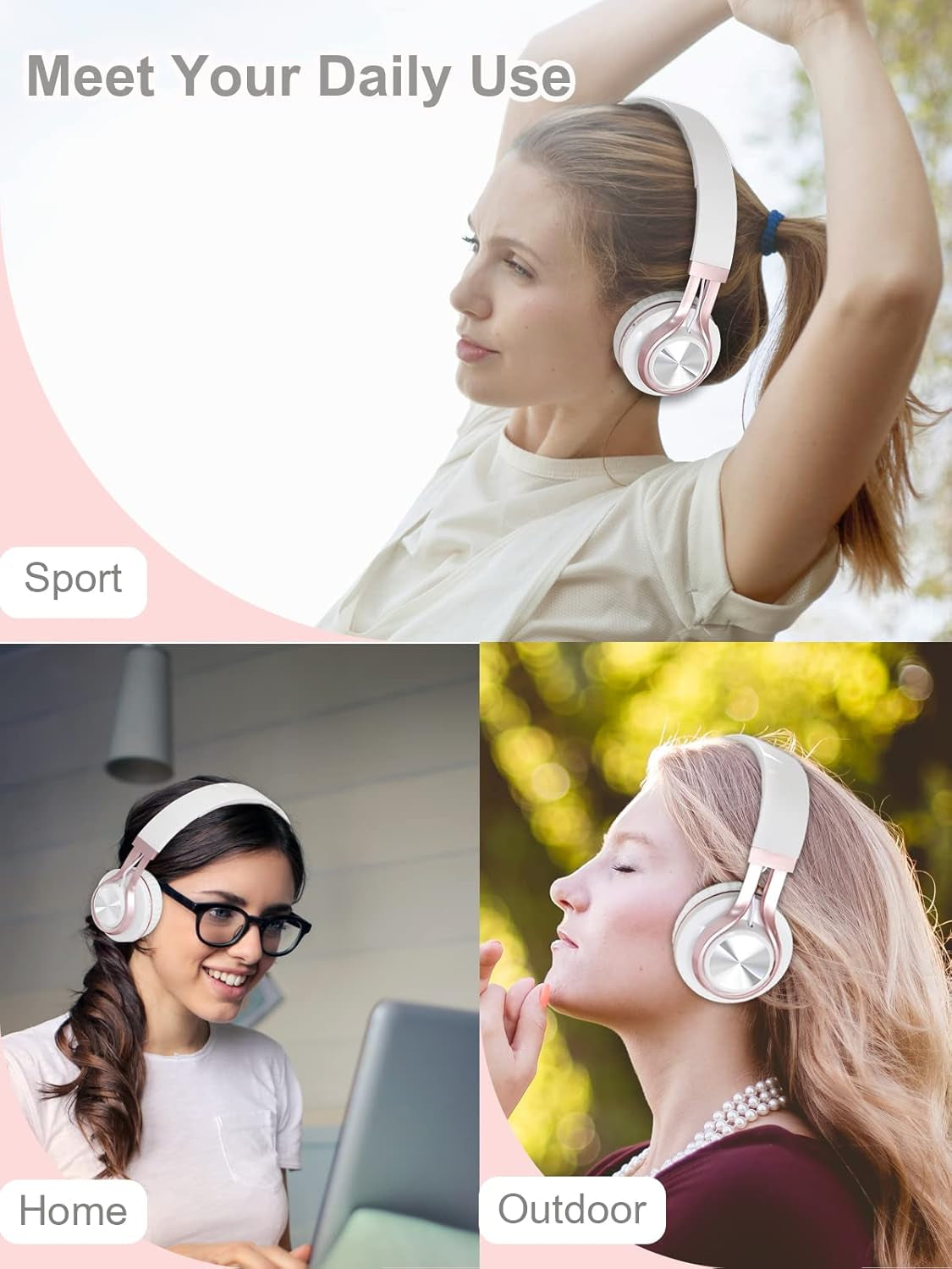 Wireless over Ear Headphones, Long Battery Life Deep Bass Bluetooth Headphones with Microphone Wireless and Wired Headset for Computer Iphone Teens Girls Women School Travel - White Rose Gold