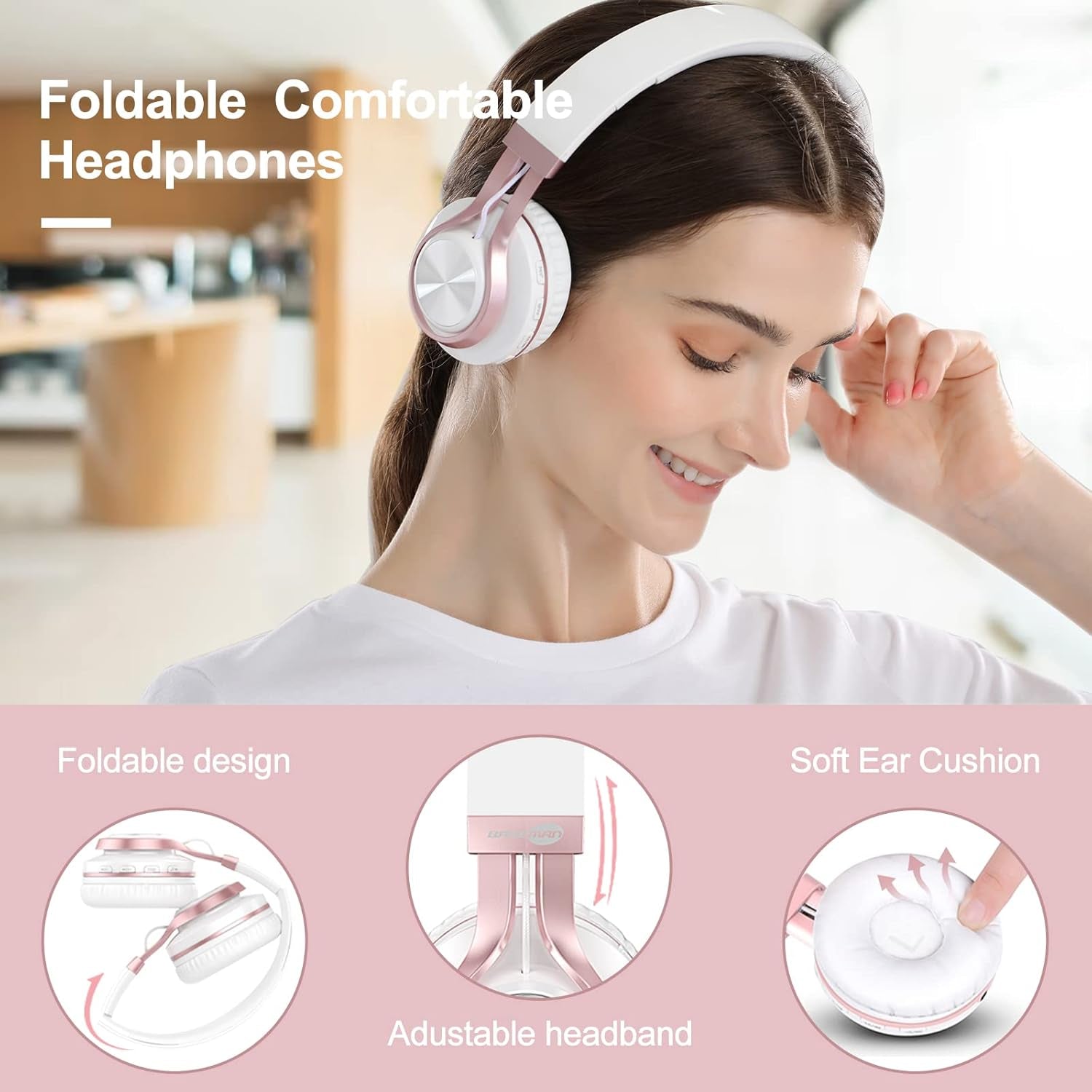 Wireless over Ear Headphones, Long Battery Life Deep Bass Bluetooth Headphones with Microphone Wireless and Wired Headset for Computer Iphone Teens Girls Women School Travel - White Rose Gold
