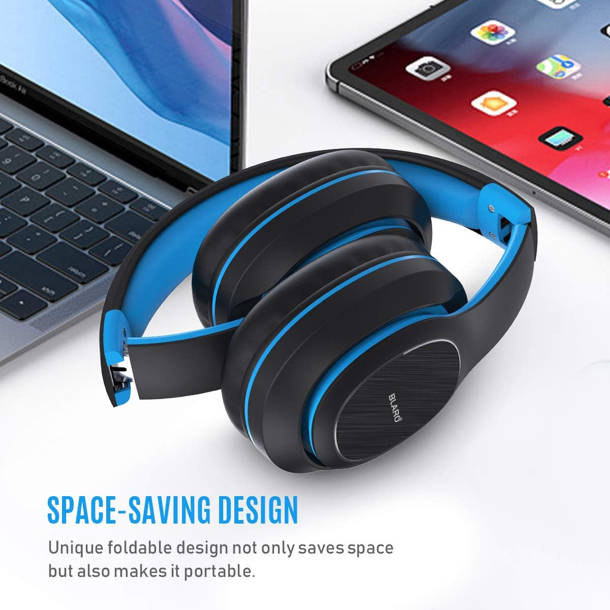 Bluetooth Over-Ear Headphones with Hi-Fi Deep Bass, Dual Connectivity, 72-Hour Playtime, Soft Memory Foam Ear Cushions, Foldable Design, CVC 6.0 Microphone - Blue