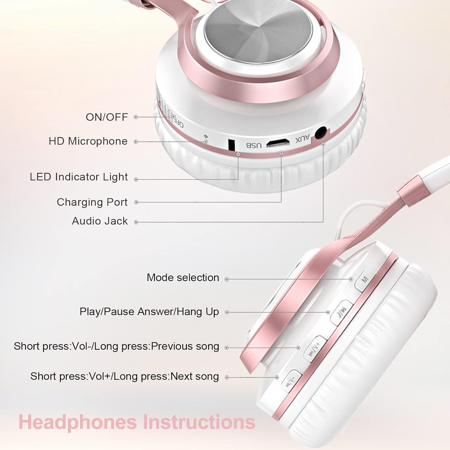 Wireless over Ear Headphones, Long Battery Life Deep Bass Bluetooth Headphones with Microphone Wireless and Wired Headset for Computer Iphone Teens Girls Women School Travel - White Rose Gold