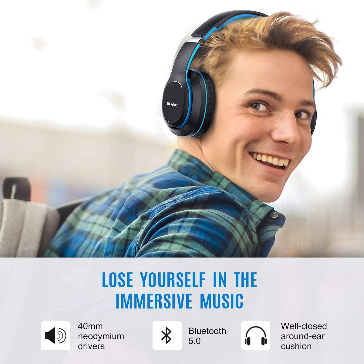 Bluetooth Over-Ear Headphones with Hi-Fi Deep Bass, Dual Connectivity, 72-Hour Playtime, Soft Memory Foam Ear Cushions, Foldable Design, CVC 6.0 Microphone - Blue