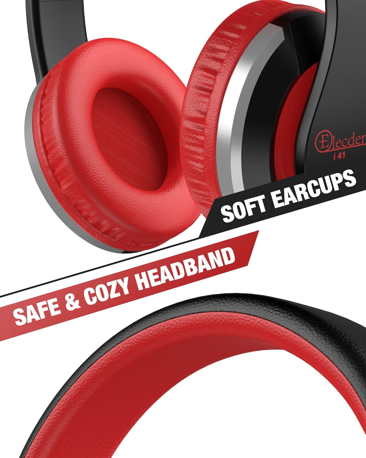 I41 Foldable Adjustable Headphones for Kids and Teens with 3.5mm Jack - Compatible with Cellphones, Computers, MP3/4, and Kindle (Red/Black)