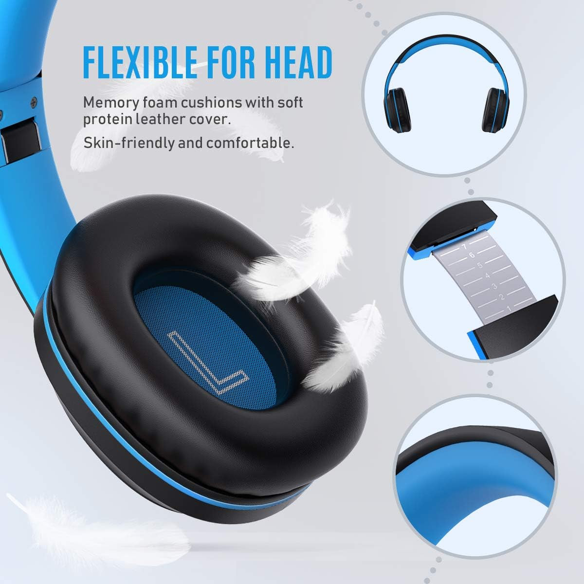 Bluetooth Over-Ear Headphones with Hi-Fi Deep Bass, Dual Connectivity, 72-Hour Playtime, Soft Memory Foam Ear Cushions, Foldable Design, CVC 6.0 Microphone - Blue