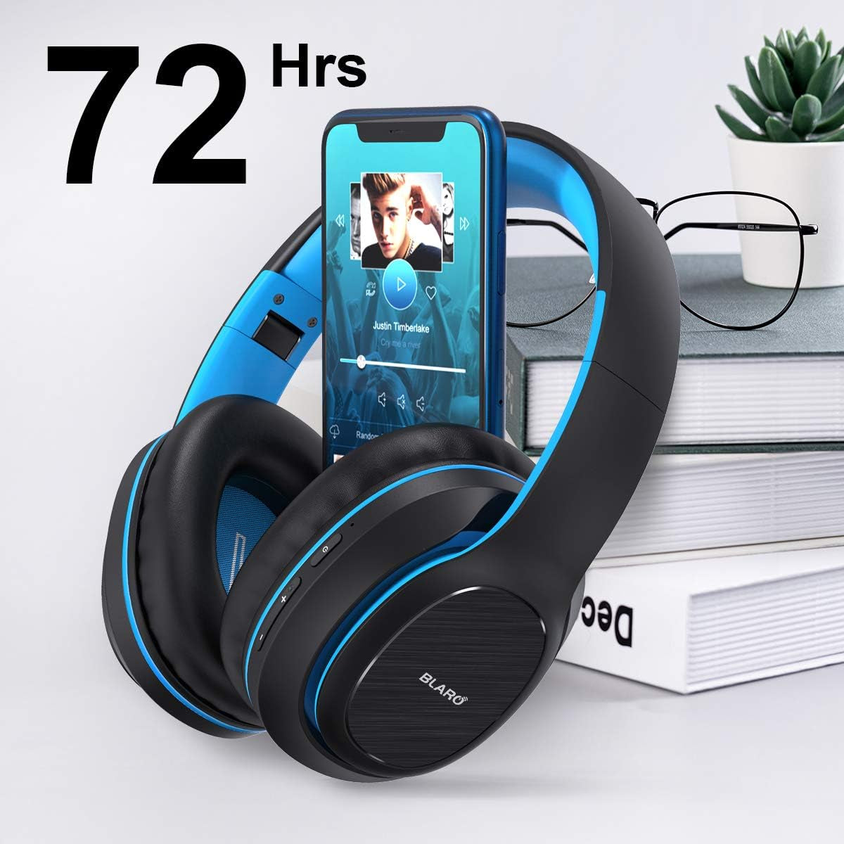 Bluetooth Over-Ear Headphones with Hi-Fi Deep Bass, Dual Connectivity, 72-Hour Playtime, Soft Memory Foam Ear Cushions, Foldable Design, CVC 6.0 Microphone - Blue